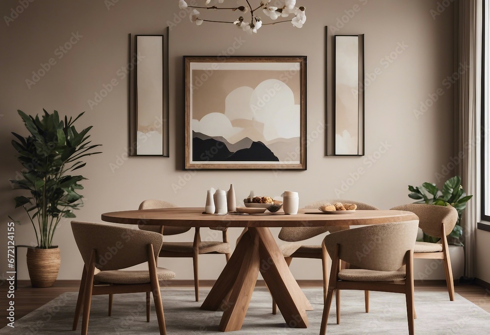 Round wooden dining table and rustic chairs against beige sofa near wall with art frame Japandi Round wooden dining table and rustic chairs against beige sofa near wall with art frame Japandi