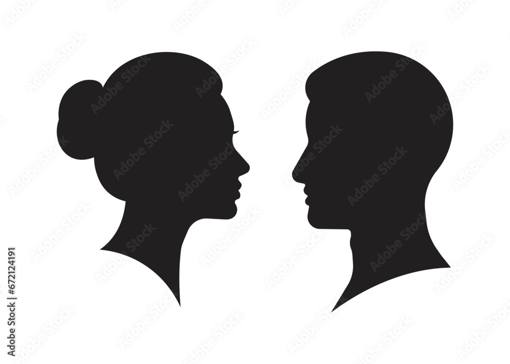 Male and female heads facing silhouette