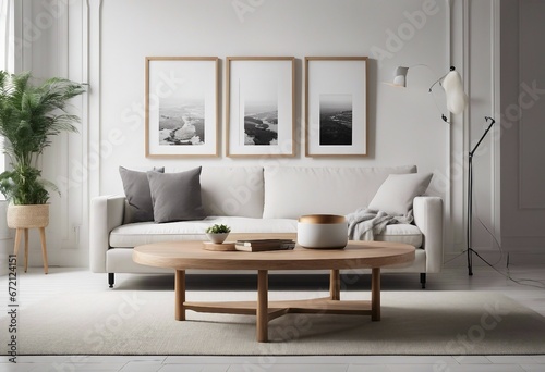 Round wooden coffee table near white sofa against of white wall with three art frames Scandinavian 
