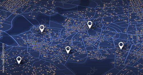 Multiple destinations. Gps tracking map. Track navigation pins on street maps, navigate mapping technology and locate position pin. Futuristic travel gps map or location navigator vector illustration