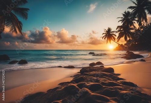 Tropical beach landscape with sea sunset and palm trees Abstract landscape Tropical paradise island