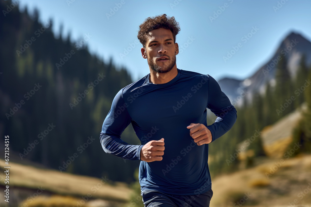 a man runs on a sunny day in the mountains