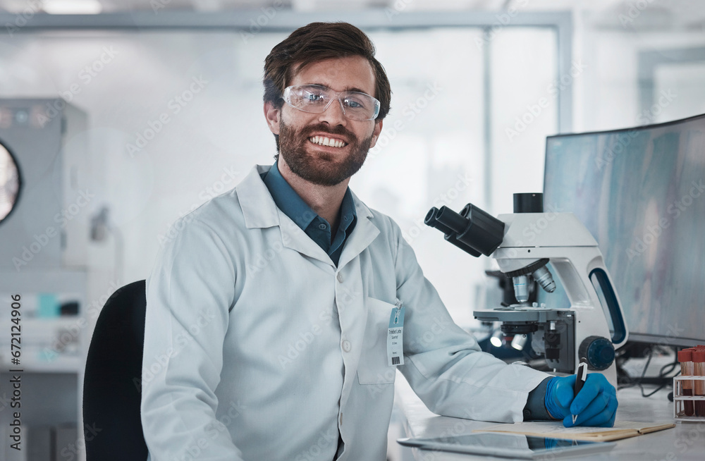 Scientist, portrait and man with science and research in lab for medical innovation or biotechnology with chemistry. Scientific study, doctor writing notes and test in laboratory, future with DNA Scientist, portrait and man with science and research in lab for medical innovation or biotechnology with chemistry. Scientific study, doctor writing notes and test in laboratory, future with DNA