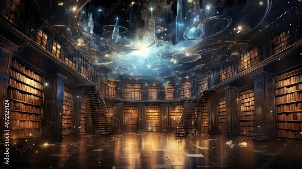 Esoteric concept: Great library of records of the Akashic chronicle, Mystical knowledge archive of information in the vastness of the Universe - obrazy, fototapety, plakaty 