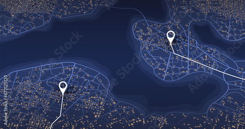 Destinations. Gps tracking map. Track navigation pins on street maps, navigate mapping technology and locate position pin. Futuristic travel gps map or location navigator vector illustration