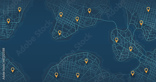 Futuristic travel gps map or location navigator vector illustration. Multiple destinations. Gps tracking map. Track navigation pins on street maps, navigate mapping technology and locate position pin.