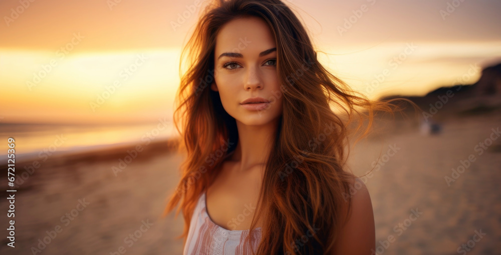 woman on the beach at sunset