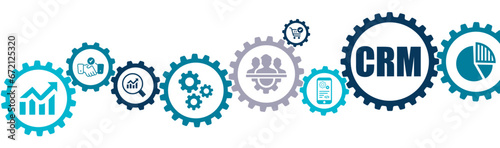 Customer relationship management(CRM) banner vector illustration with the icons of teamwork, research, communication, human relationship, management, marketing, automation advertising white background