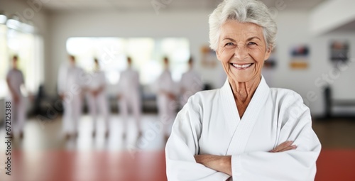 Portrait of happy senior woman at karate course photo