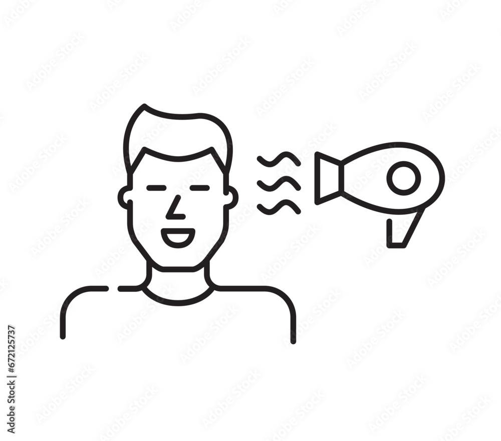 Man drying his hair with a hairdryer. Pixel perfect, editable stroke icon