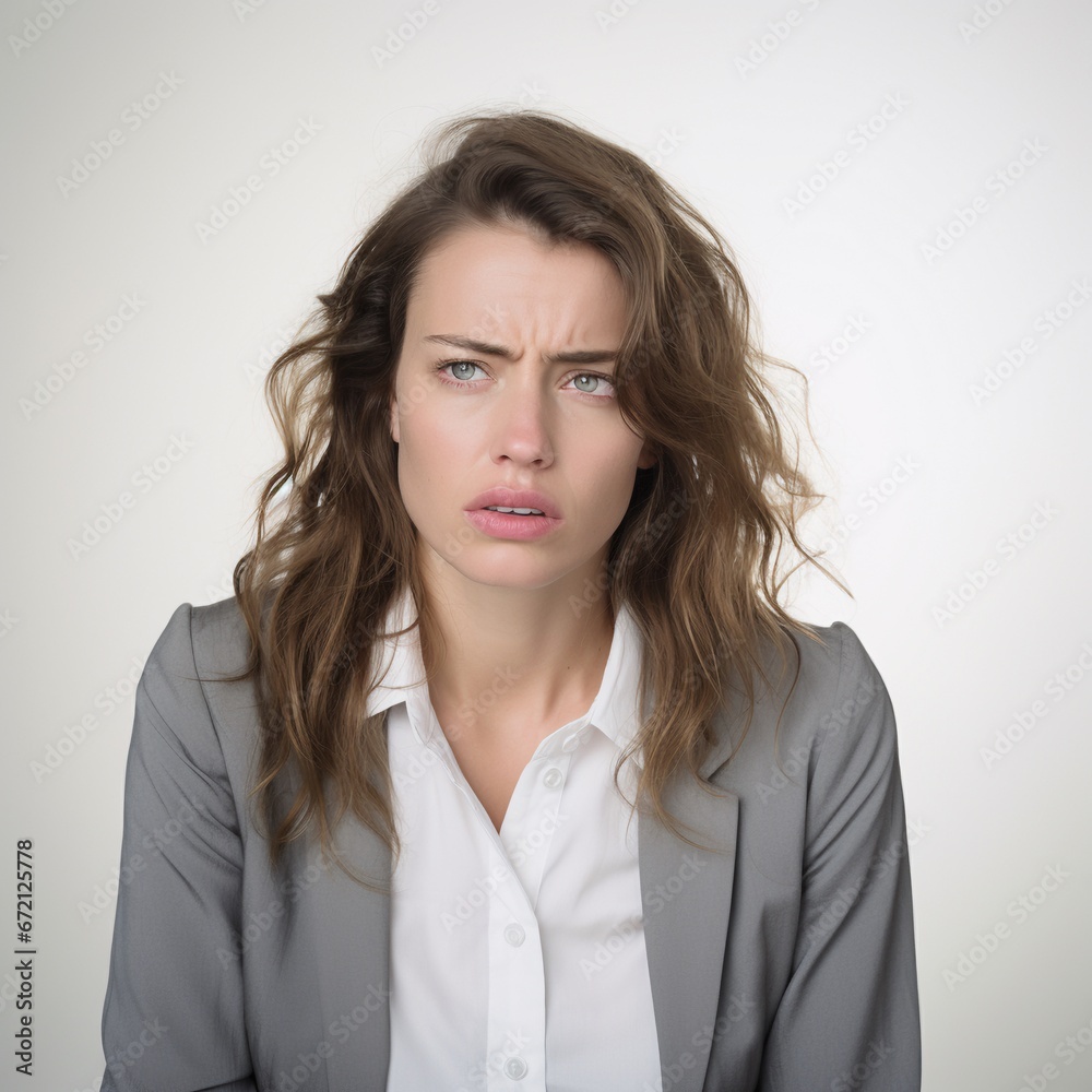Sad tired and frustrated young woman. Isolated on clean white background. Generative AI Sad tired and frustrated young woman. Isolated on clean white background. Generative AI