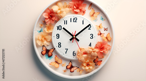 clock in a plate with flowers on wall