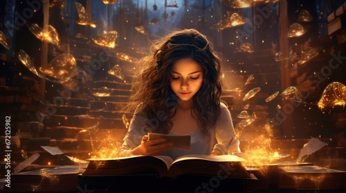 Esoteric concept: Girl reading the book of life metaphorically. Great library of records of the Akashic chronicle, Mystical knowledge archive of information in the vastness of the Universe photo