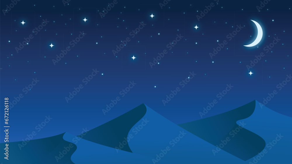Obraz premium Vector Flat Desert at Night with Beautiful Sky