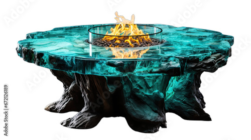 Turquoise Patio Table with Fire Pit Isolated on Transparent or White Background, PNG