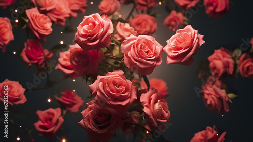 Pink roses in dark background. 