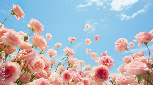 Pink roses in blue sky background. 