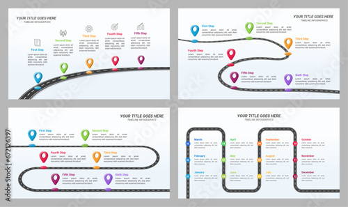Set of Map Infographic Timeline 5, 6, and 12 steps with Editable Text and 16:9 Layout Presentations for Planning, Management, and Evaluation.