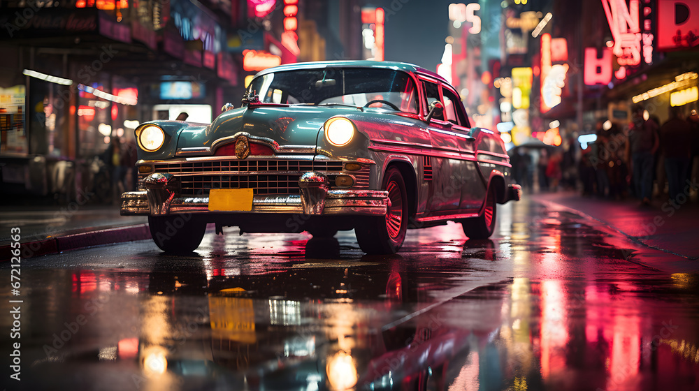 A parked vintage car against the backdrop of passing night traffic. - obrazy, fototapety, plakaty 