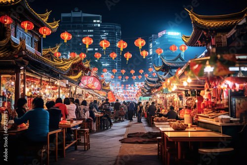 As night falls, an Asian market comes aglow, twinkling lights revealing an array of culinary delight stalls.