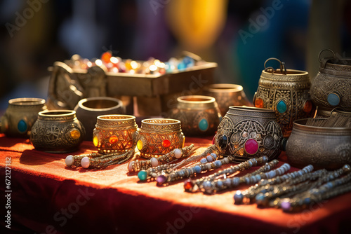 A jewelry stall emerges as a treasure trove, where intricate handcrafted pieces shimmer on velvet