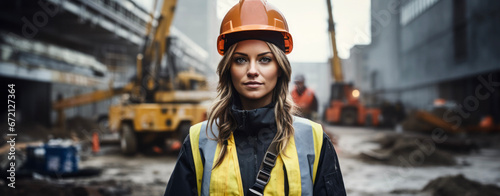 Young woman as engineer with safety helmet on a construction site, in the background construction workers and construction machinery.