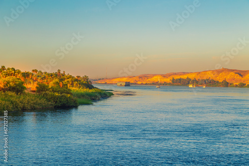 Magnificent scenery on the Nile River. Sunset.