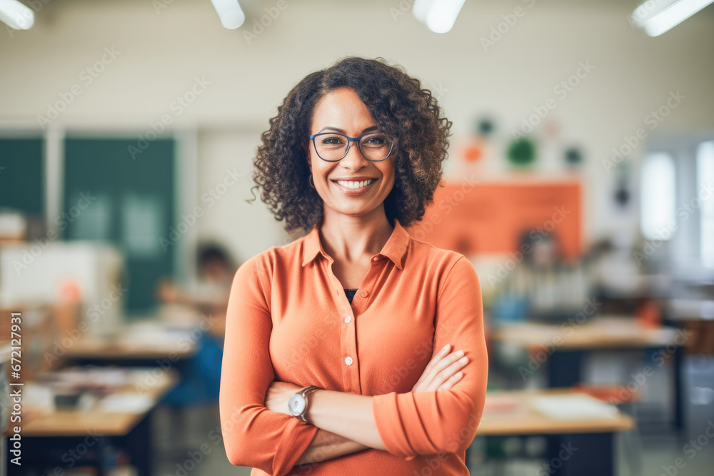 Portrait of smiling woman teacher posing with arms crossed in classroom looking at camera. Confident happy female educator.  - obrazy, fototapety, plakaty 