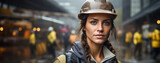 Woman as ngineer with safety helmet on a construction site, construction worker, middle age, dark hair, dirty clothes, rainy weather