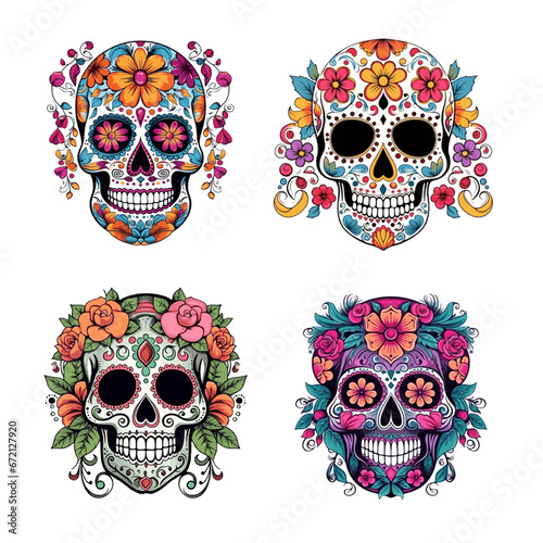 Scull mandala with flowers and leaves for halloween art drawn paint on white background