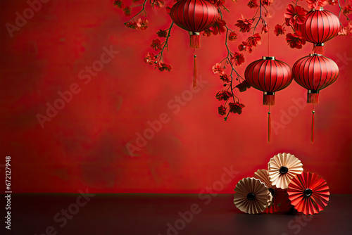 Chinese New Year background with sakura branch and lanterns