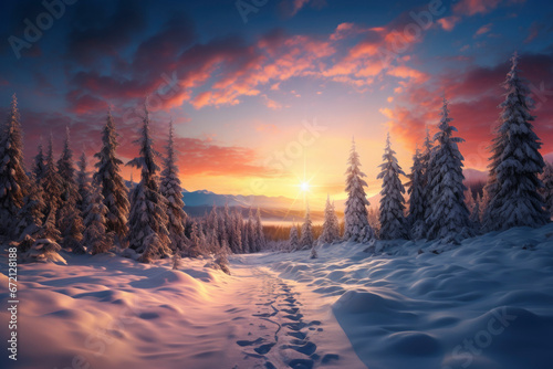 Winter landscape. Winter forest in the rays of the setting sun. Generated AI.