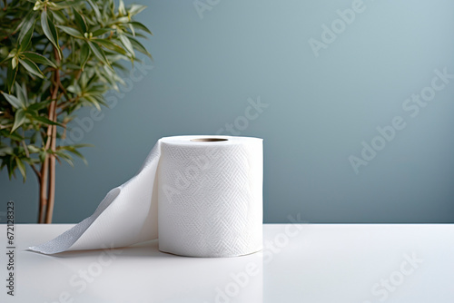 Roll of white toilet paper on white surface and background of gray-blue tiles. ai generated.