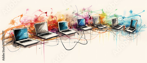 Group of computers connected to each other on abstract colorful watercolor background. greeting card watercolor