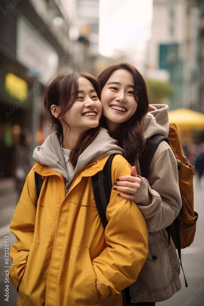 Two happy women friends wearing coats, scarves walking in the cold cityscape. Two happy women friends wearing coats, scarves walking in the cold cityscape.