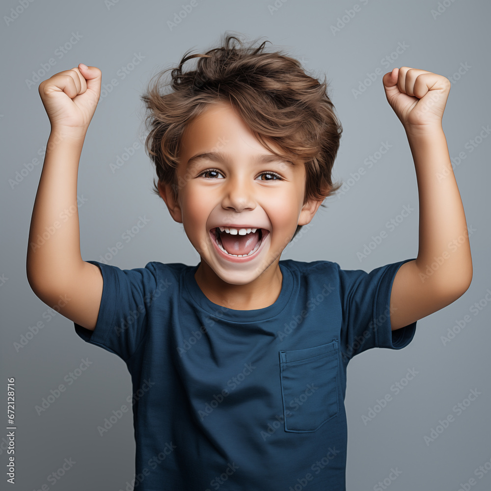A 6-year-old boy, looking good and cheerful, stood with his arms raised in great joy. In the clear background, Generative AI A 6-year-old boy, looking good and cheerful, stood with his arms raised in great joy. In the clear background, Generative AI