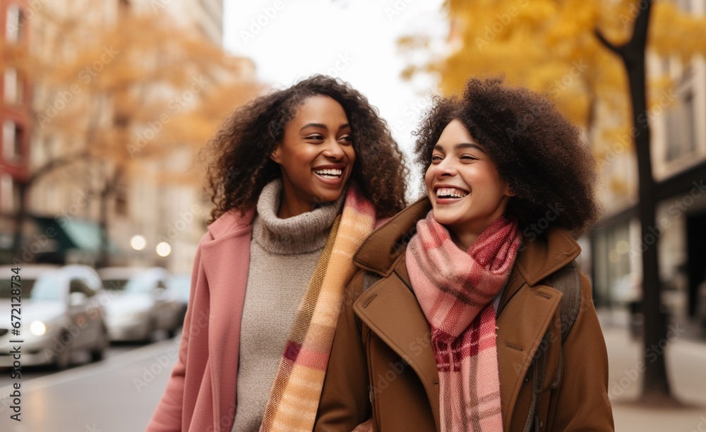 Two happy women friends wearing coats, scarves walking in the cold cityscape. Two happy women friends wearing coats, scarves walking in the cold cityscape.