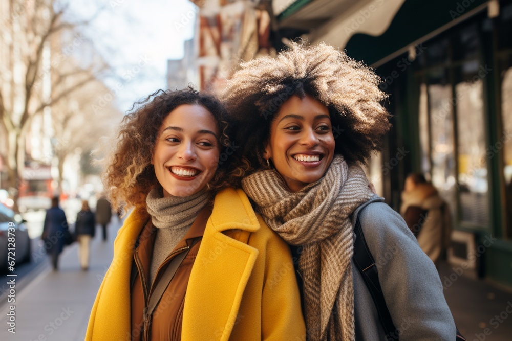Two happy women friends wearing coats, scarves walking in the cold cityscape. Two happy women friends wearing coats, scarves walking in the cold cityscape.