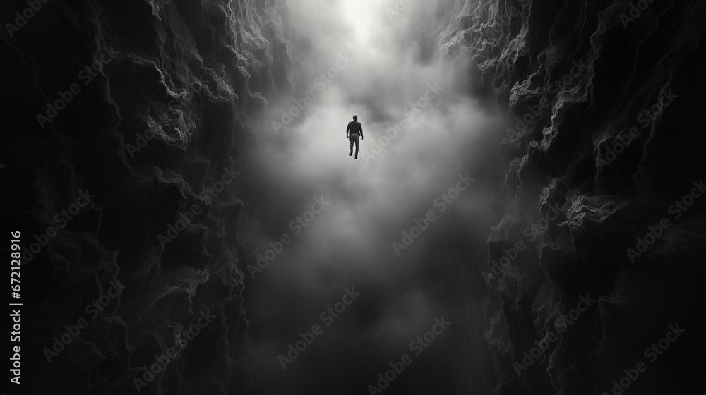 a man falls into the abyss from a great height.. concept of depression. black and white illustration. copy space - obrazy, fototapety, plakaty 