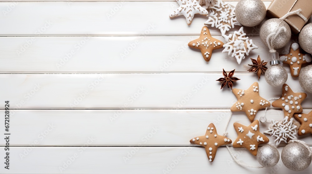 Festive Christmas arrangement on white wooden background