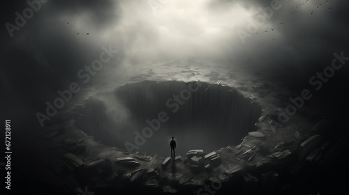 a man stands on the edge of a bottomless abyss. concept of depression. black and white illustration. copy space photo