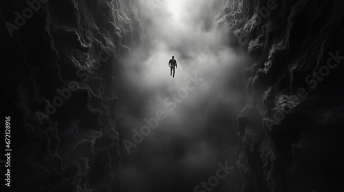 a man falls into the abyss from a great height.. concept of depression. black and white illustration. copy space photo