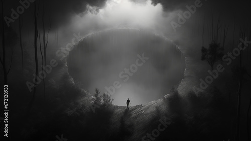 a man stands on the edge of a bottomless abyss. concept of depression. black and white illustration. copy space photo