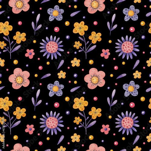 Seamless pattern with multicolored flowers, branches and leaves on a black background. Watercolor illustration. Plants. Nature. Print on fabric and paper. Blooming. Art. Design. Wallpaper. Handmade.