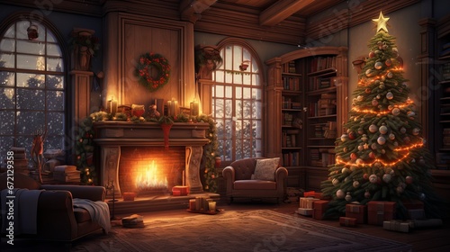 Cozy and festive Christmas scene with glowing tree, fireplace, and presents in a dark room © Ameer
