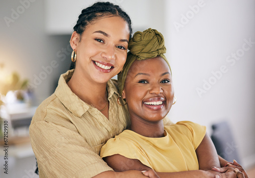LGBTQ, portrait or happy couple hug, care or smile for home bonding, support or enjoy quality time together. Queer romance, hugging and face of gay people, non binary partner or lesbian women connect
