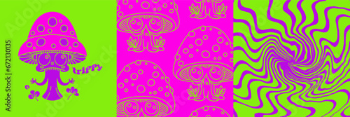 Retro psychedelic hippie posters with trippy mushrooms and fluid acid background. 70s abstract covers with crazy fungus. Bright alien characters. Vector design.