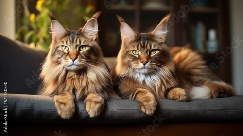 There are two Maine Coon cats in the house. Caring for and loving pets.