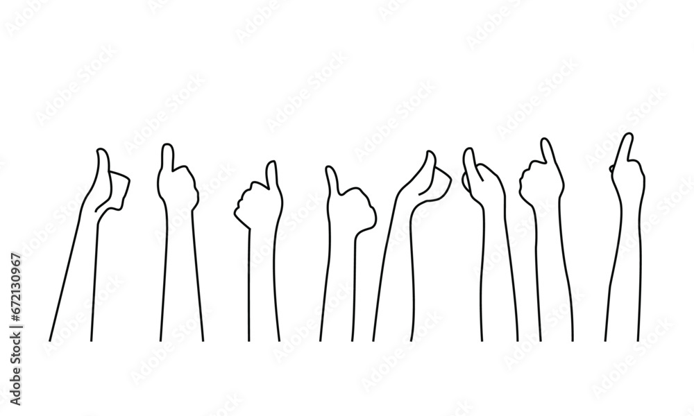 Many hands showing thumb up signs minimalist line art vector .