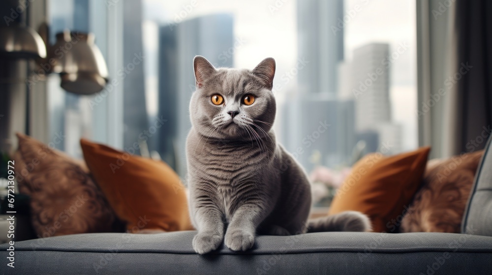 A British Shorthair cat resides in a snug apartment with a view of towering skyscrapers through the windows.